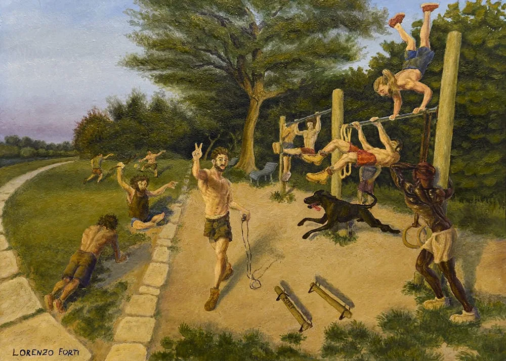 Ragazzi che si allenano alle sbarre in un parco