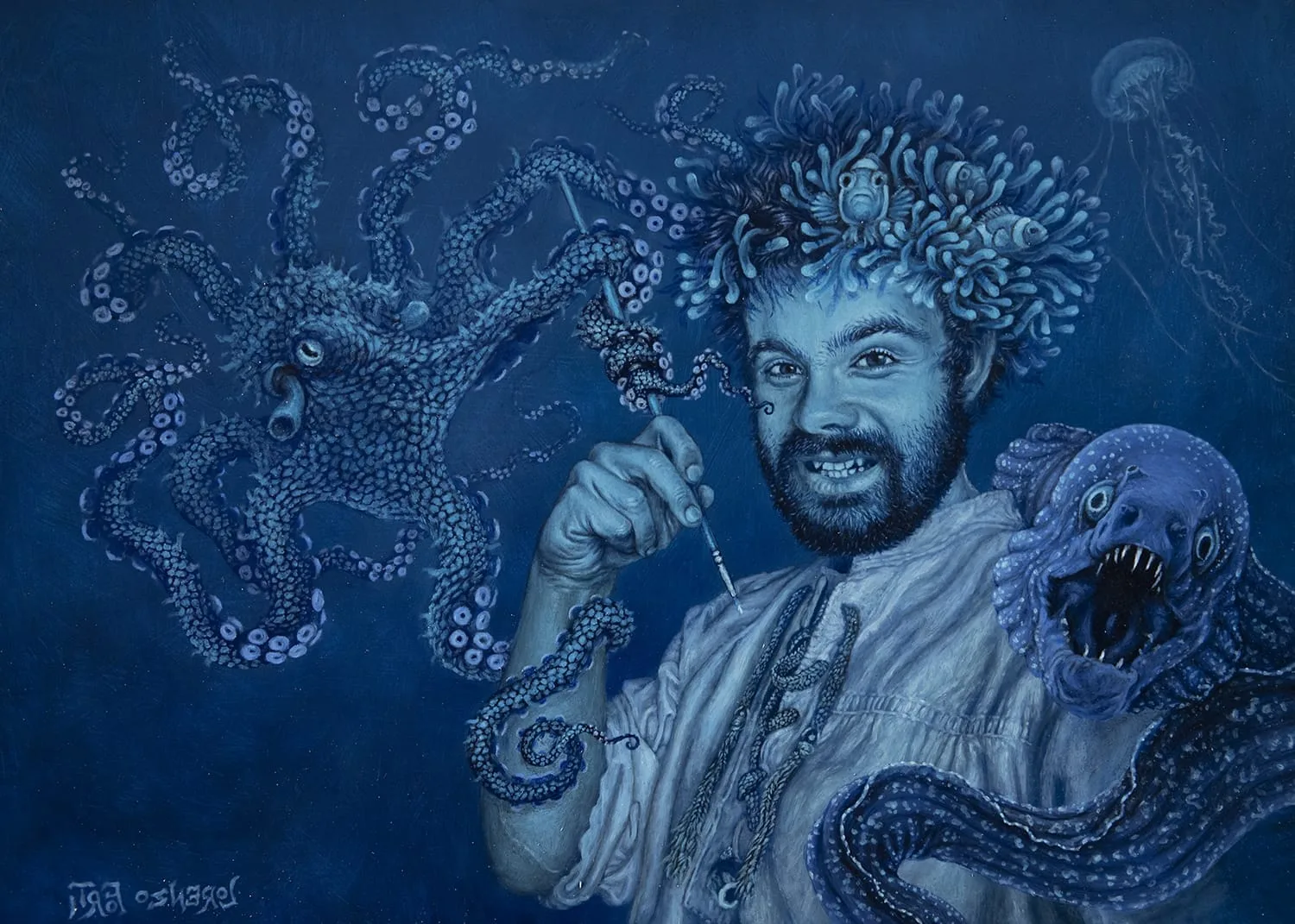 Autoritratto in blu con anemoni e pesci pagliaccio tra i capelli, un polpo e una murena