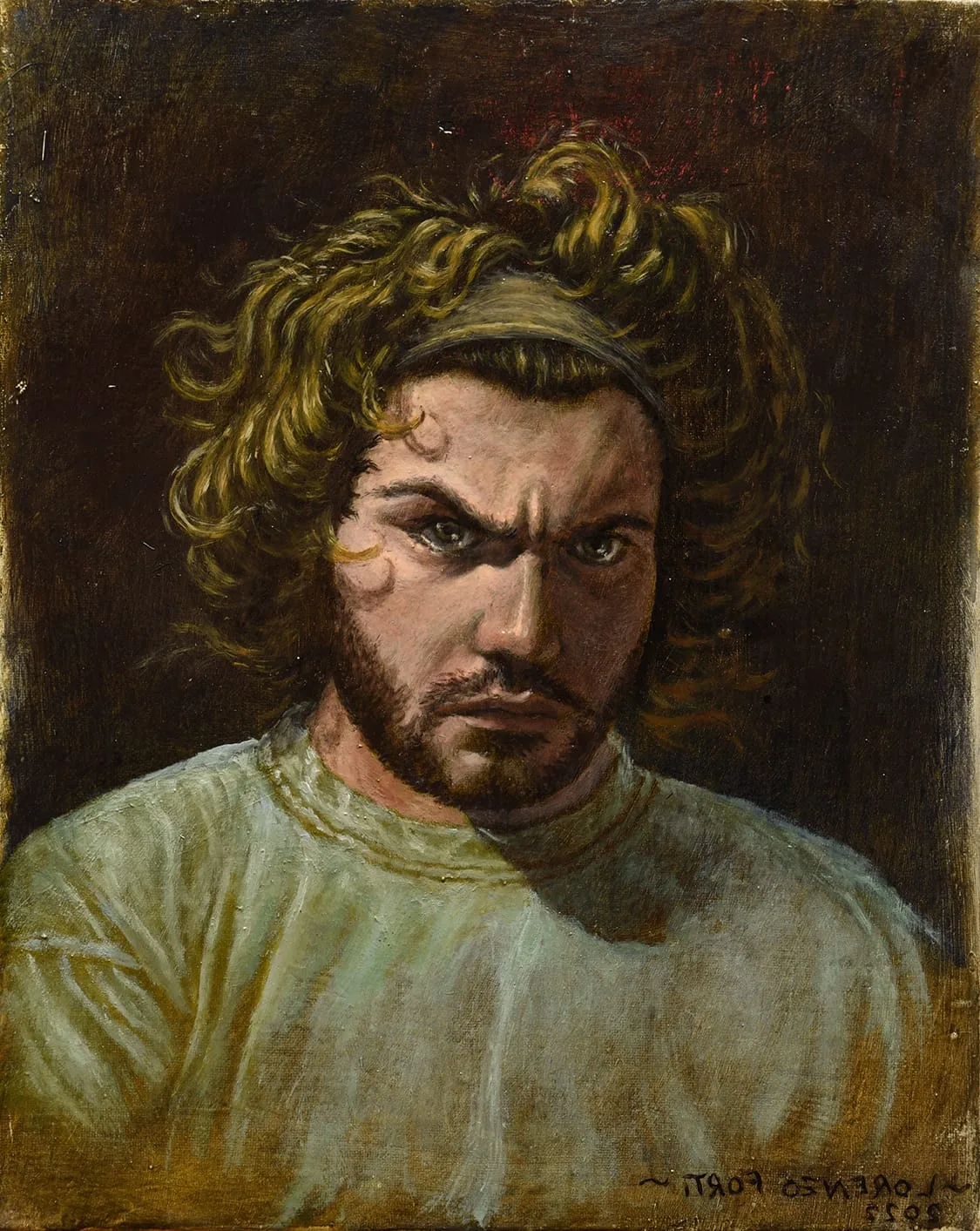 Autoritratto con fascia e luce di taglio sul volto
