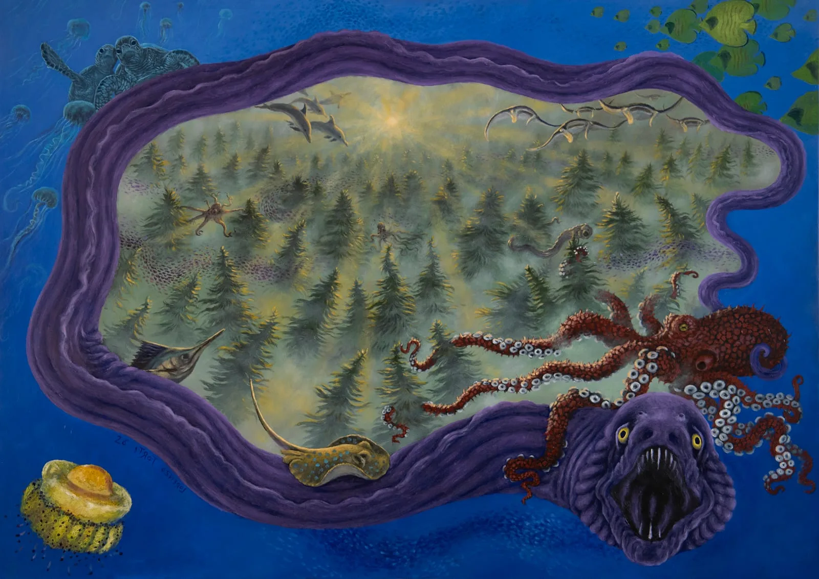 Una foresta di abeti incorniciata da creature marine su fondo blu
