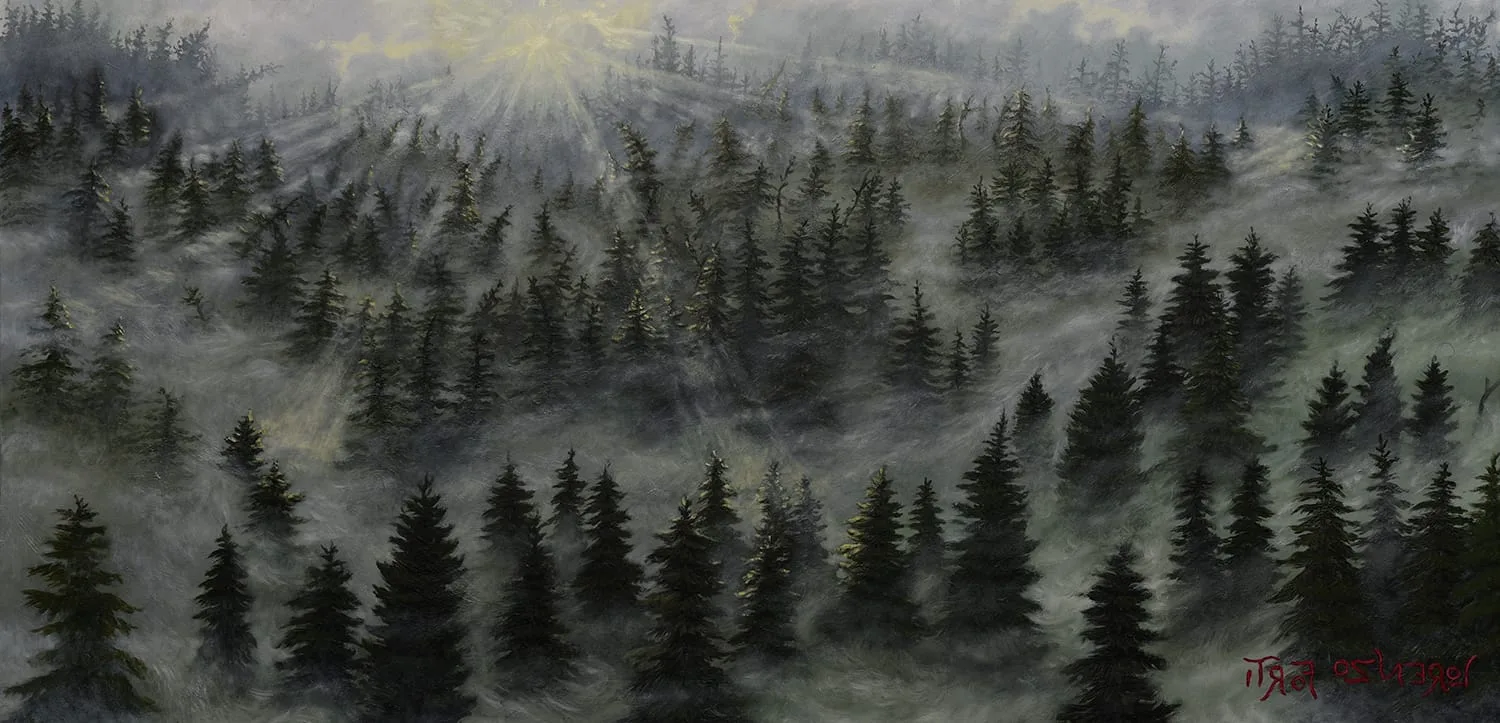 Una foresta scura immersa nella nebbia