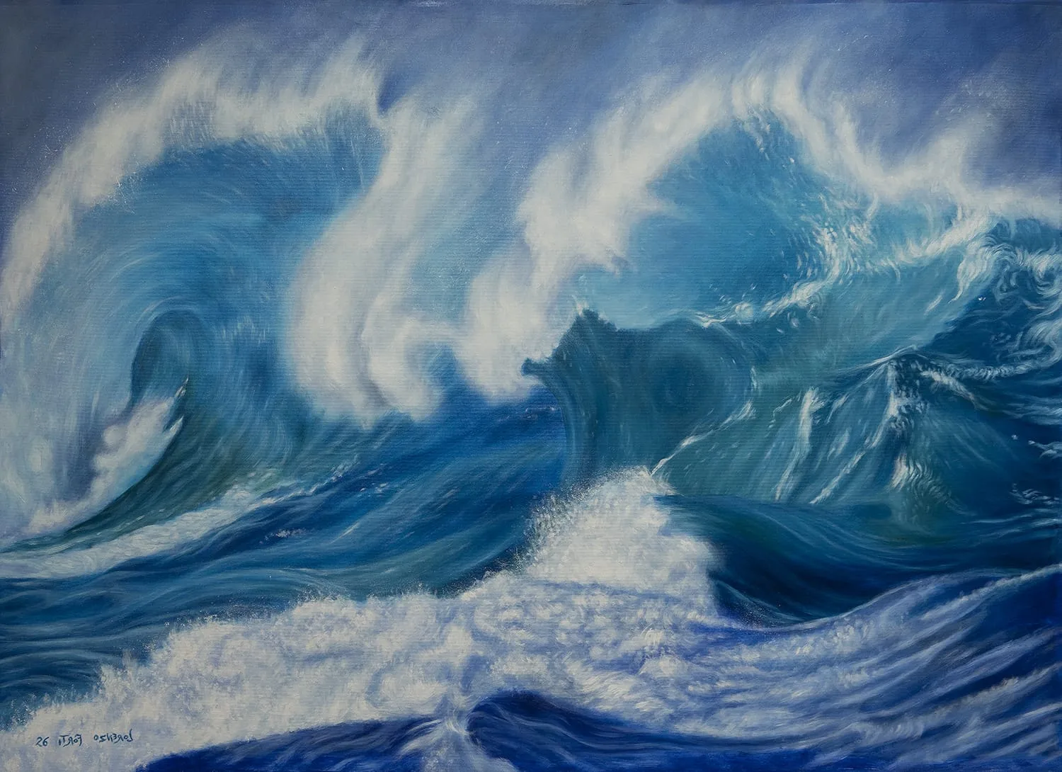 Una grande onda che si frange in blu e bianco