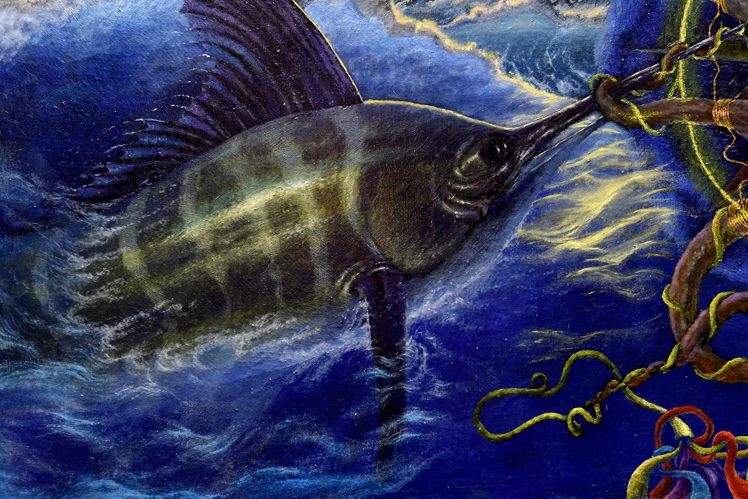 Un pesce spada tra le onde e le reti