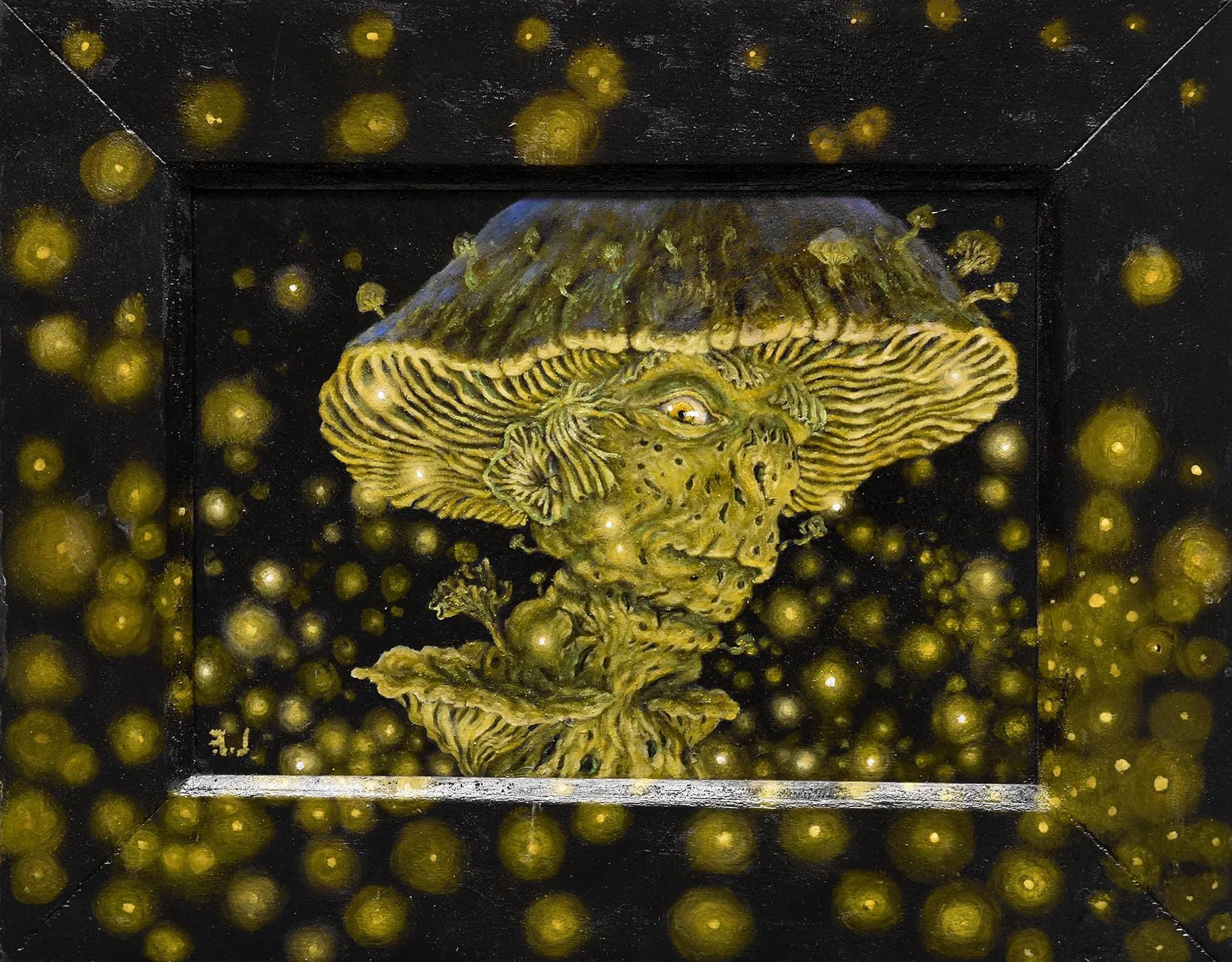 Una creatura-fungo dorata tra luci sospese, in cornice
